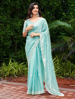 Turquoise embroidery work shimmer chiffon saree with unstitched blouse 1