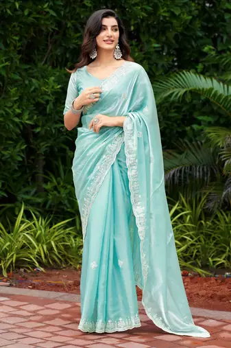 Turquoise embroidery work shimmer chiffon saree with unstitched blouse