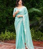 Turquoise embroidery work shimmer chiffon saree with unstitched blouse