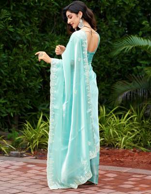 Turquoise embroidery work shimmer chiffon saree with unstitched blouse 4