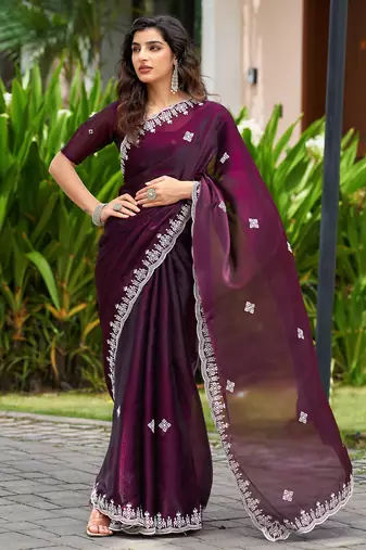 Wine embroidery work shimmer chiffon saree with unstitched blouse
