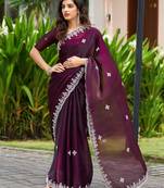 Wine embroidery work shimmer chiffon saree with unstitched blouse