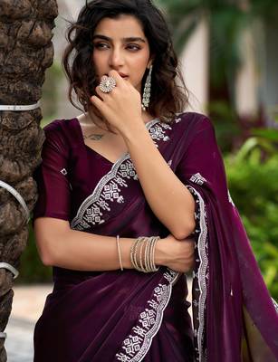 Wine embroidery work shimmer chiffon saree with unstitched blouse 2