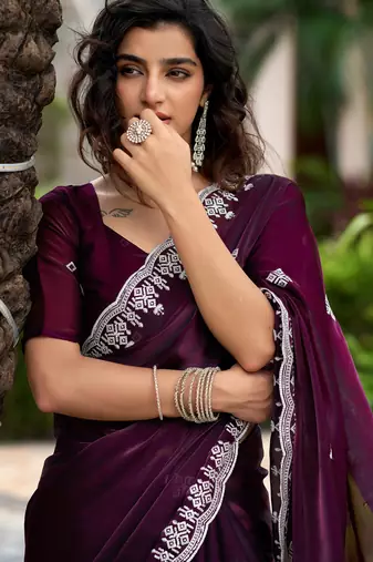 Wine embroidery work shimmer chiffon saree with unstitched blouse