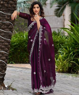 Wine embroidery work shimmer chiffon saree with unstitched blouse 3