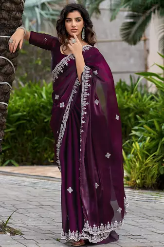 Wine embroidery work shimmer chiffon saree with unstitched blouse