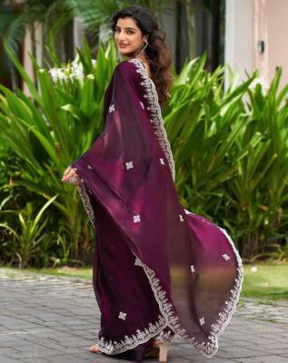 Wine embroidery work shimmer chiffon saree with unstitched blouse 4