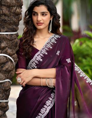 Wine embroidery work shimmer chiffon saree with unstitched blouse 5