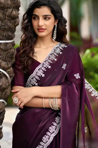 Wine embroidery work shimmer chiffon saree with unstitched blouse