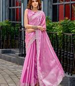 Baby pink embroidery work shimmer chiffon saree with unstitched blouse