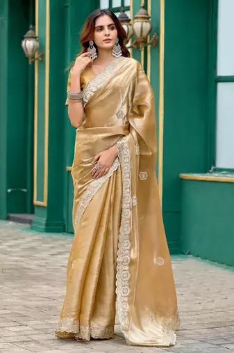 Beige embroidery work shimmer chiffon saree with unstitched blouse