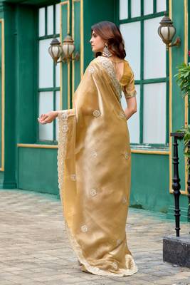 Beige embroidery work shimmer chiffon saree with unstitched blouse 4