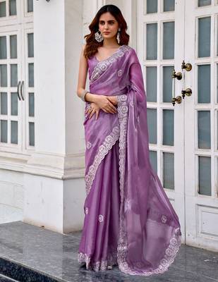 Lavender embroidery work shimmer chiffon saree with unstitched blouse 1