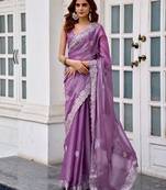 Lavender embroidery work shimmer chiffon saree with unstitched blouse