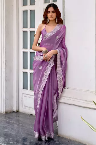 Lavender embroidery work shimmer chiffon saree with unstitched blouse