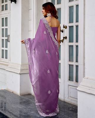 Lavender embroidery work shimmer chiffon saree with unstitched blouse 4
