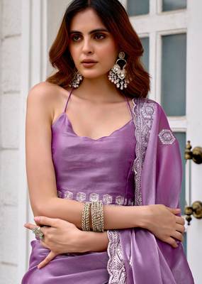 Lavender embroidery work shimmer chiffon saree with unstitched blouse 5