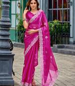 Pink embroidery work shimmer chiffon saree with unstitched blouse