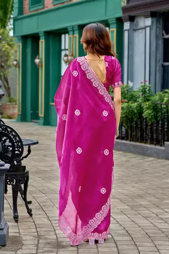 Pink embroidery work shimmer chiffon saree with unstitched blouse