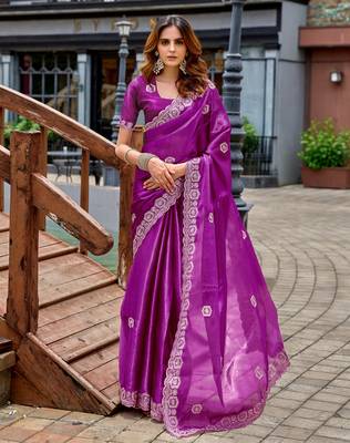 Purple embroidery work shimmer chiffon saree with unstitched blouse 1