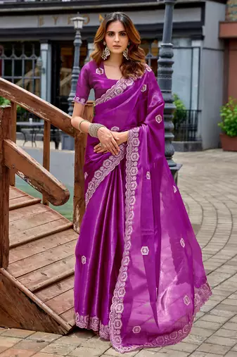 Purple embroidery work shimmer chiffon saree with unstitched blouse