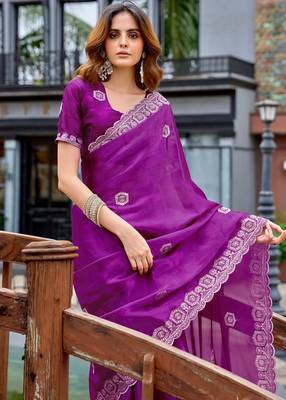 Purple embroidery work shimmer chiffon saree with unstitched blouse 2
