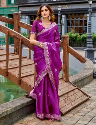 Purple embroidery work shimmer chiffon saree with unstitched blouse 3