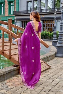 Purple embroidery work shimmer chiffon saree with unstitched blouse 4