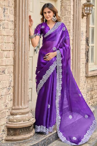 Purple-blue embroidery work shimmer chiffon saree with unstitched blouse