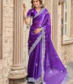 Purple-blue embroidery work shimmer chiffon saree with unstitched blouse