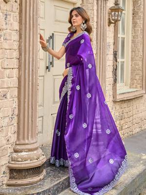 Purple-blue embroidery work shimmer chiffon saree with unstitched blouse 2