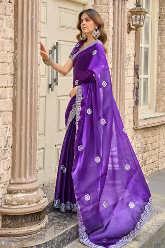 Purple-blue embroidery work shimmer chiffon saree with unstitched blouse