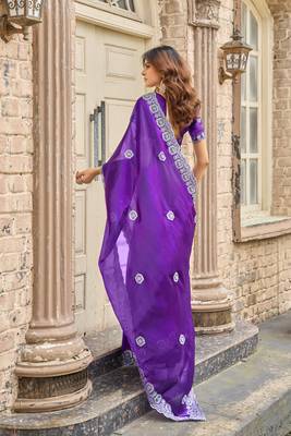 Purple-blue embroidery work shimmer chiffon saree with unstitched blouse 4