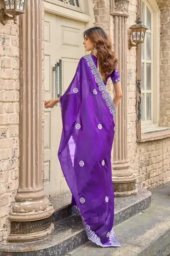 Purple-blue embroidery work shimmer chiffon saree with unstitched blouse