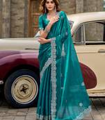 Rama embroidery work shimmer chiffon saree with unstitched blouse