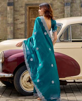 Rama embroidery work shimmer chiffon saree with unstitched blouse 4