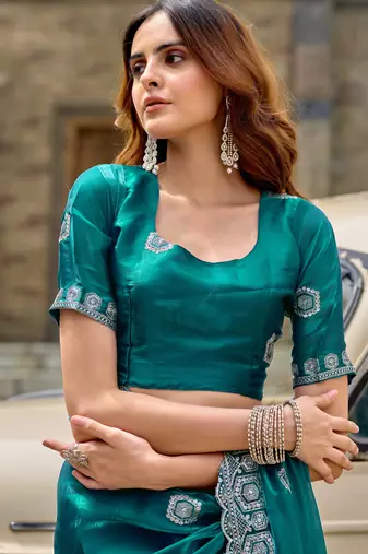 Rama embroidery work shimmer chiffon saree with unstitched blouse