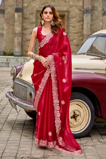 Red embroidery work shimmer chiffon saree with unstitched blouse