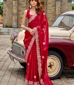 Red embroidery work shimmer chiffon saree with unstitched blouse
