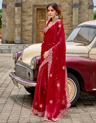 Red embroidery work shimmer chiffon saree with unstitched blouse 2