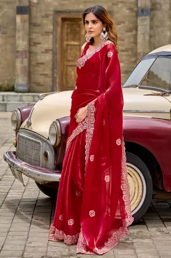 Red embroidery work shimmer chiffon saree with unstitched blouse