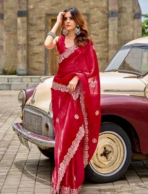 Red embroidery work shimmer chiffon saree with unstitched blouse 3