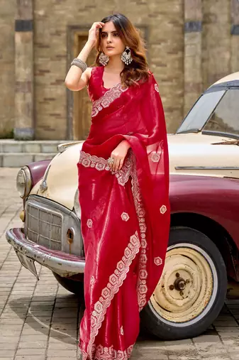 Red embroidery work shimmer chiffon saree with unstitched blouse