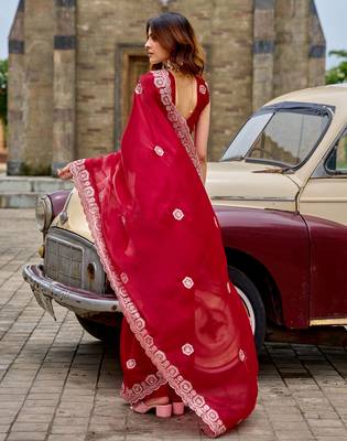 Red embroidery work shimmer chiffon saree with unstitched blouse 4