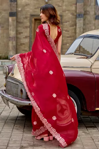 Red embroidery work shimmer chiffon saree with unstitched blouse