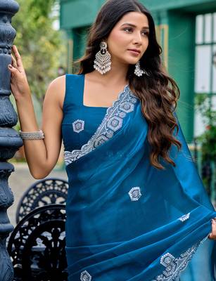 Teal embroidery work shimmer chiffon saree with unstitched blouse 2
