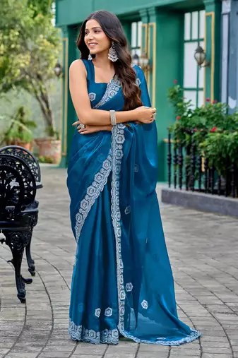 Teal embroidery work shimmer chiffon saree with unstitched blouse