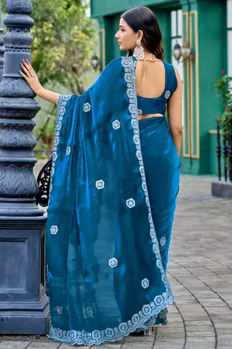 Teal embroidery work shimmer chiffon saree with unstitched blouse
