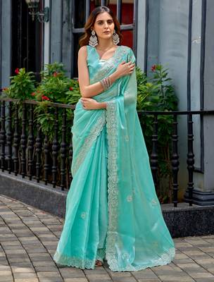 Turquoise embroidery work shimmer chiffon saree with unstitched blouse 1