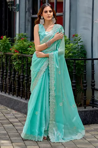 Turquoise embroidery work shimmer chiffon saree with unstitched blouse